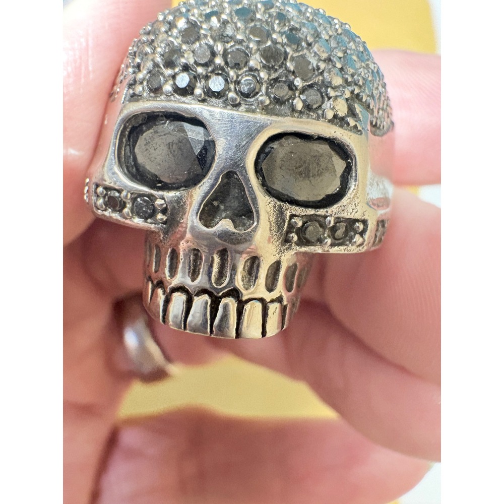 Silver Tone Black Crystal Pavé Skull Statement Ring‎ Gothic Biker Size Big